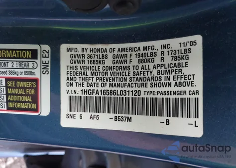 2006 Honda Civic Lx из США, поврежденный, VIN 1HGFA16586L031120